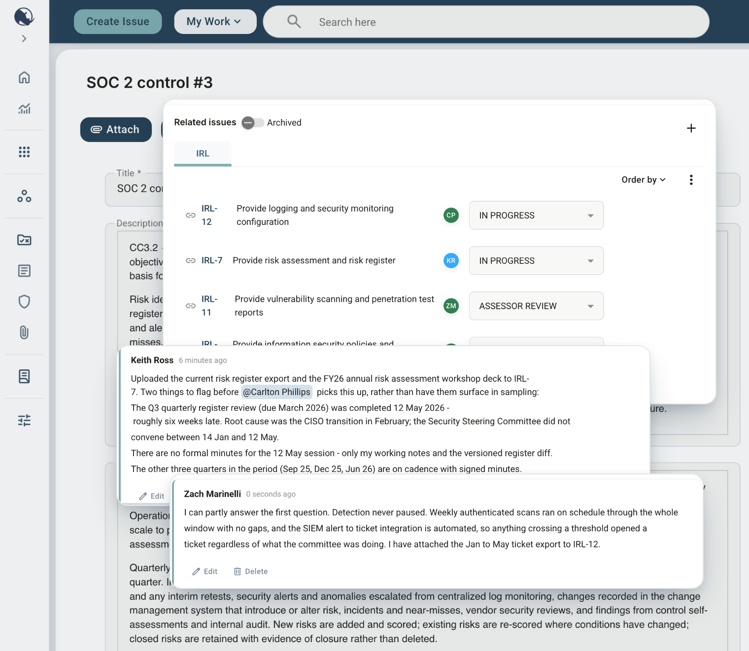 SOC 2 control with linked IRL evidence requests and a dated comment thread