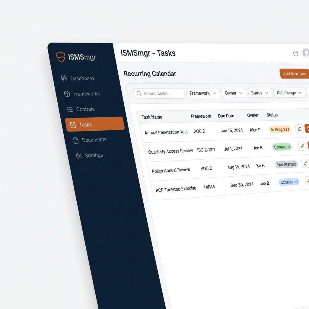 ISMSmgr task list view, showing recurring activities with status variety