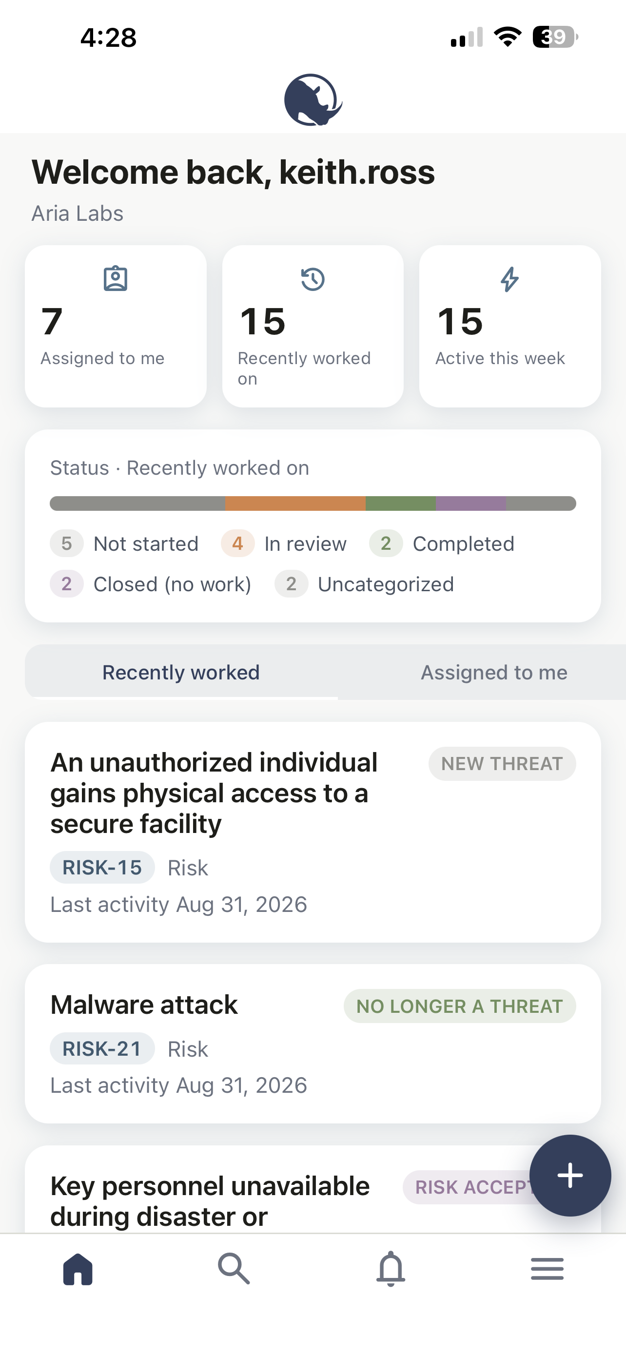 domainGRC mobile app home screen on iPhone, showing assigned work counts, status breakdown, and recently worked risks